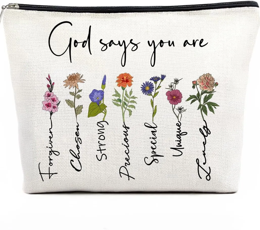 Christian Makeup Bag for Women - Floral Bible Verse Cosmetic Bag with Inspirational Scripture, Sister Gift, Affirmational Gifts for Women, Christian Gifts, God Says You Are (Beige-God says you are)