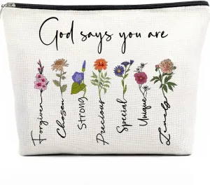 Christian Makeup Bag for Women - Floral Bible Verse Cosmetic Bag with Inspirational Scripture, Sister Gift, Affirmational Gifts for Women, Christian Gifts, God Says You Are (Beige-God says you are)