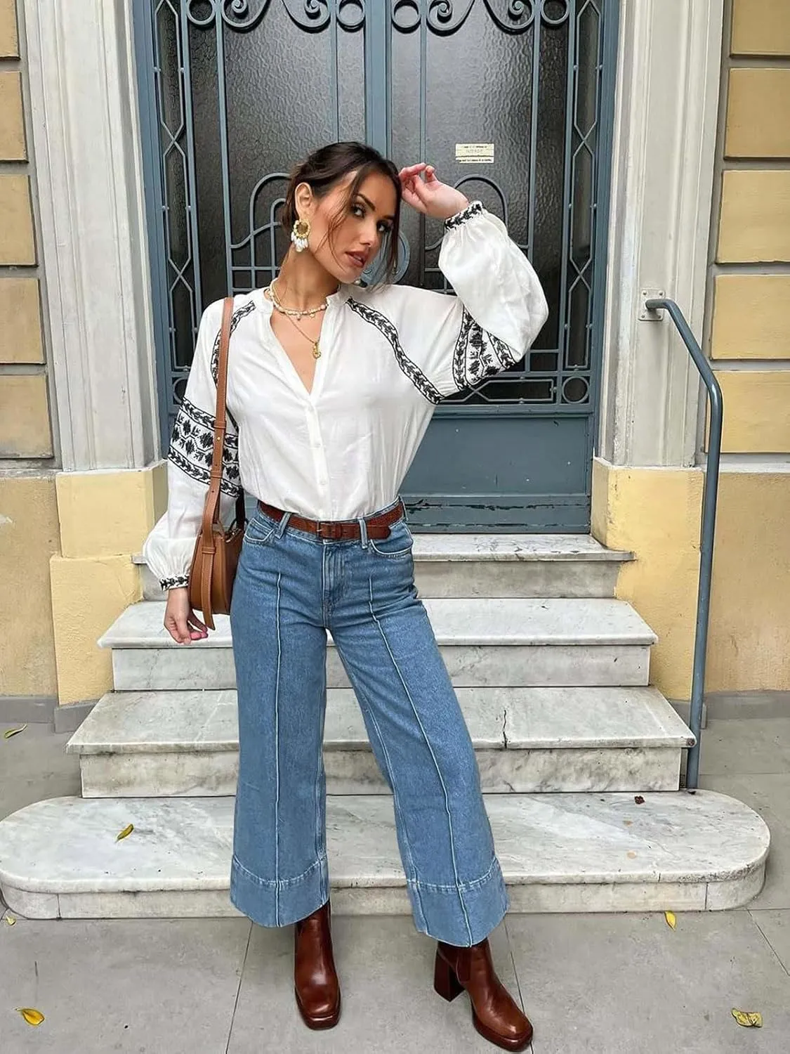 Cicy Bell Womens Baggy Wide Leg Cropped Jeans Casual High Waisted Loose Vintage Denim Pants with Pockets