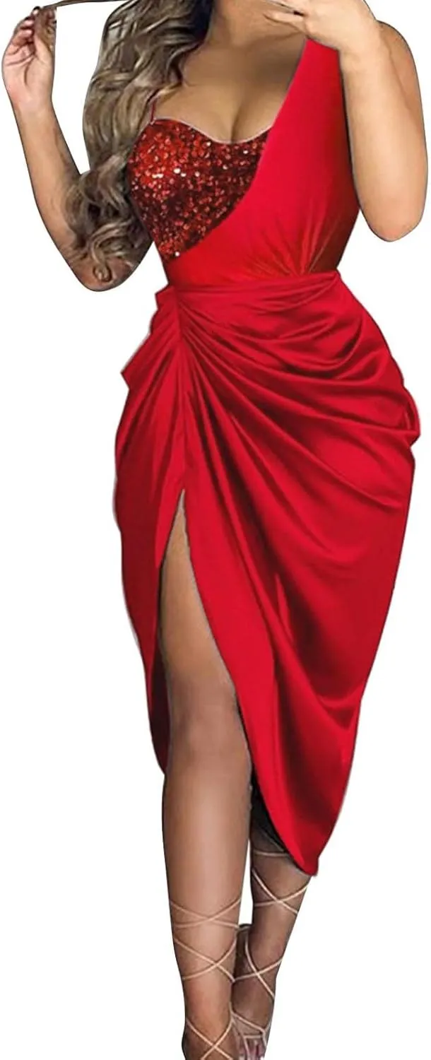 Cocktail Dresses for Women Sequin Bodycon Sexy One Shoulder Slit Midi Dress Summer Formal Elegant Plus Size Dress