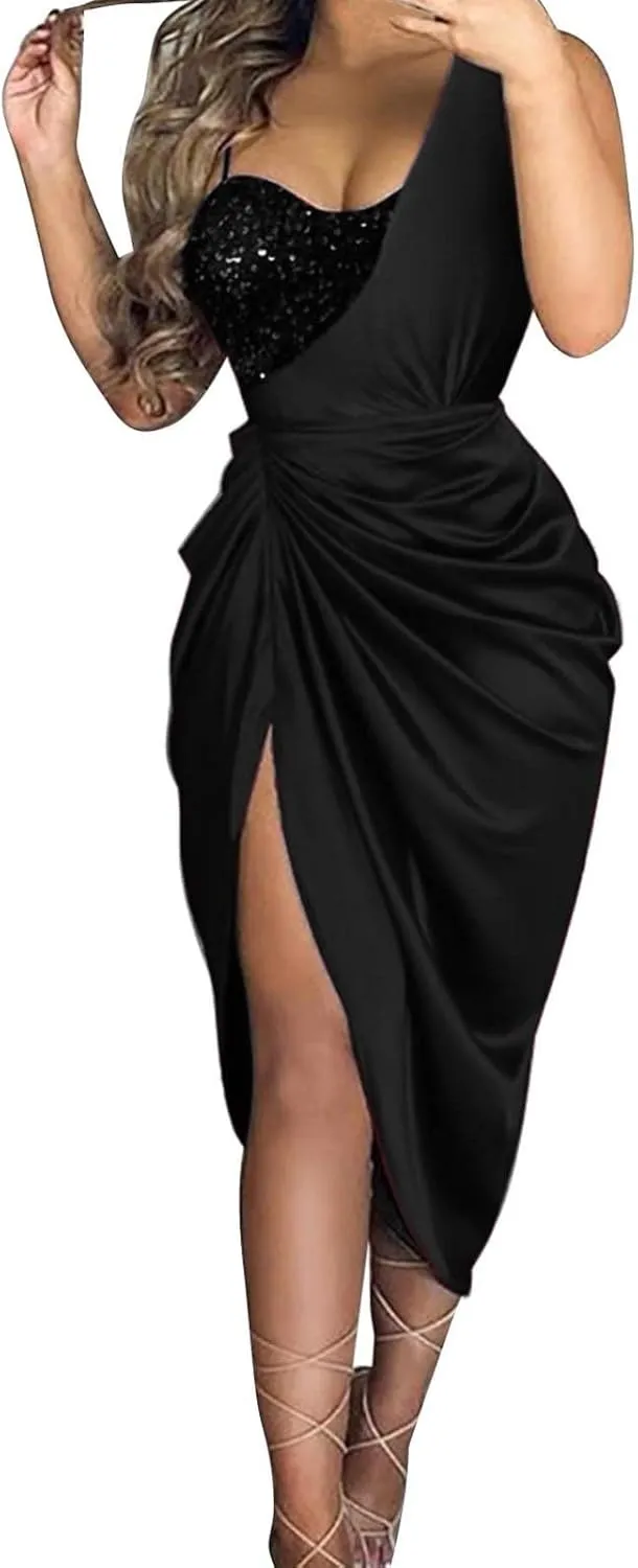 Cocktail Dresses for Women Sequin Bodycon Sexy One Shoulder Slit Midi Dress Summer Formal Elegant Plus Size Dress