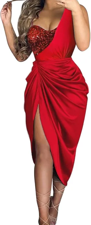 Cocktail Dresses for Women Sequin Bodycon Sexy One Shoulder Slit Midi Dress Summer Formal Elegant Plus Size Dress
