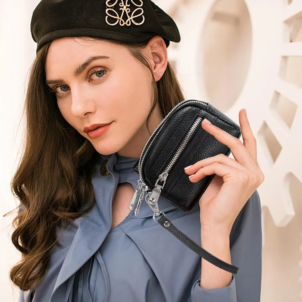 Coin Purse for Women Genuine Leather Small Triple Zipper Coin Wallet Pouch with Removable Wristlet Strap
