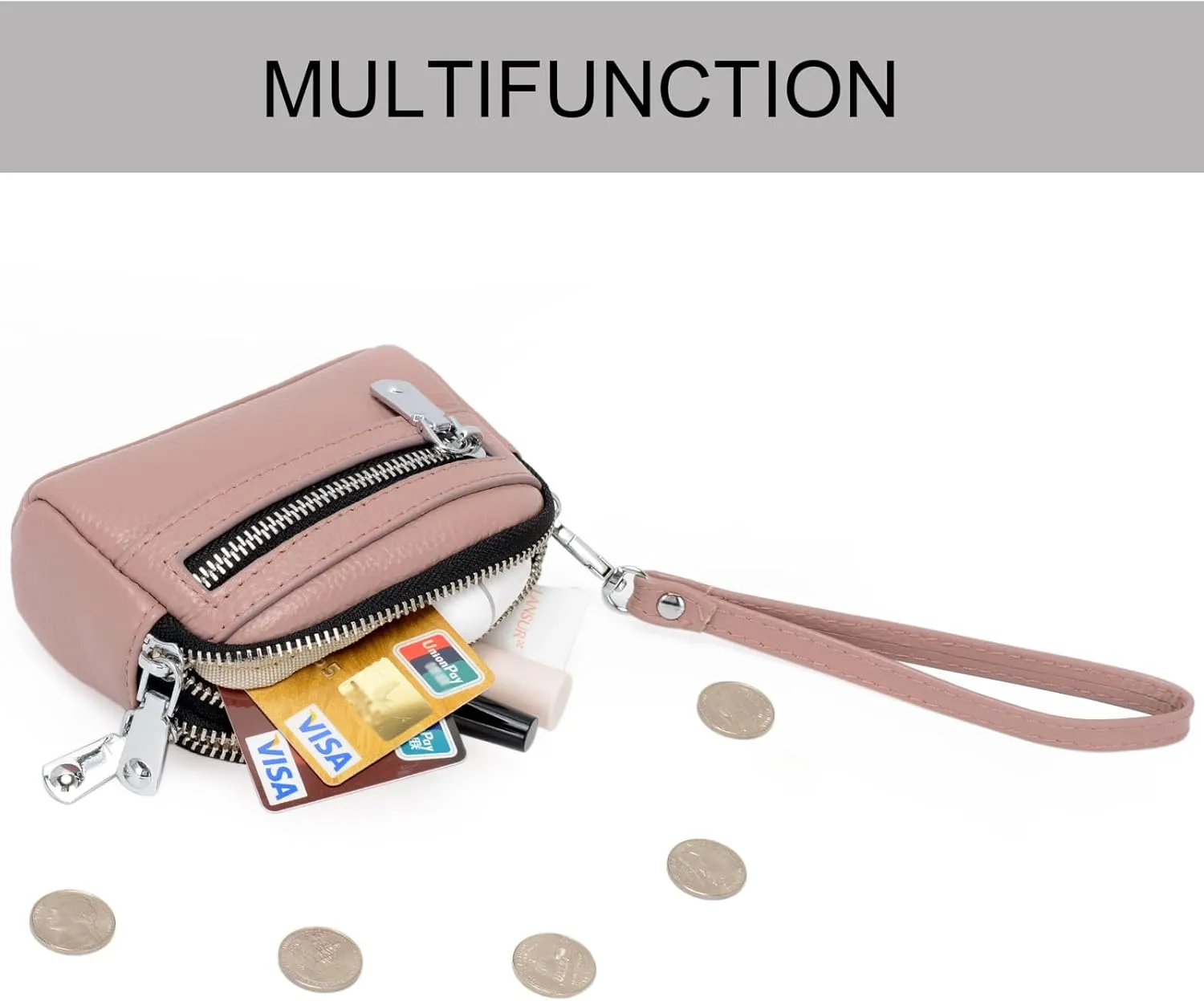 Coin Purse for Women Genuine Leather Small Triple Zipper Coin Wallet Pouch with Removable Wristlet Strap