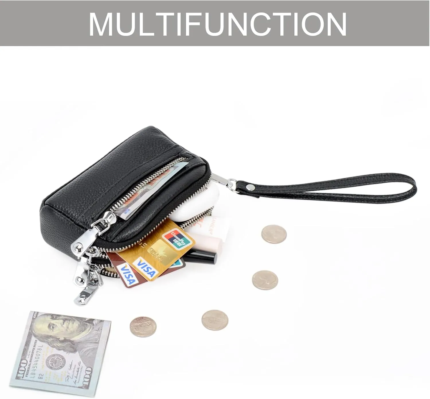 Coin Purse for Women Genuine Leather Small Triple Zipper Coin Wallet Pouch with Removable Wristlet Strap