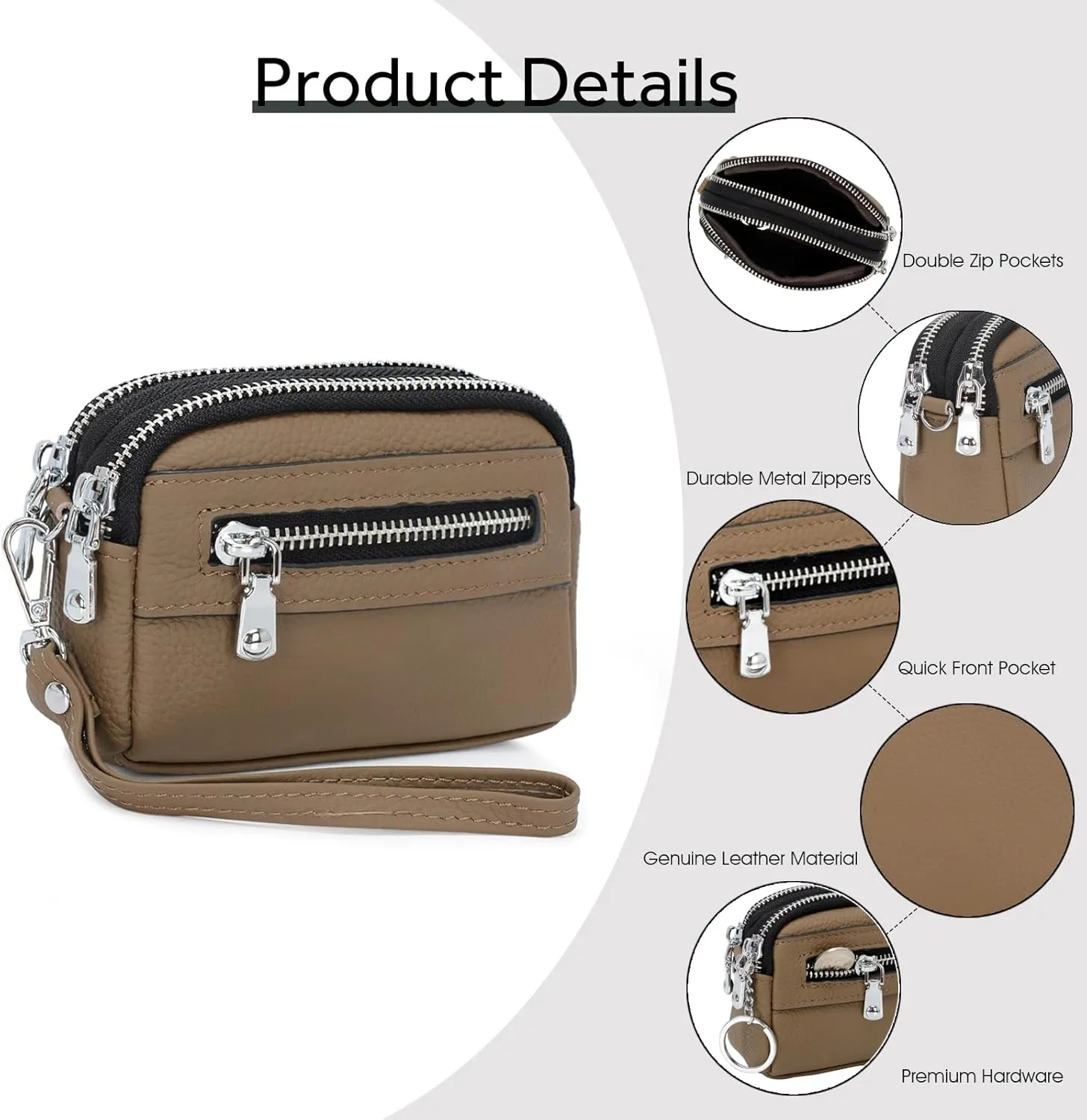 Coin Purse for Women Genuine Leather Small Triple Zipper Coin Wallet Pouch with Removable Wristlet Strap
