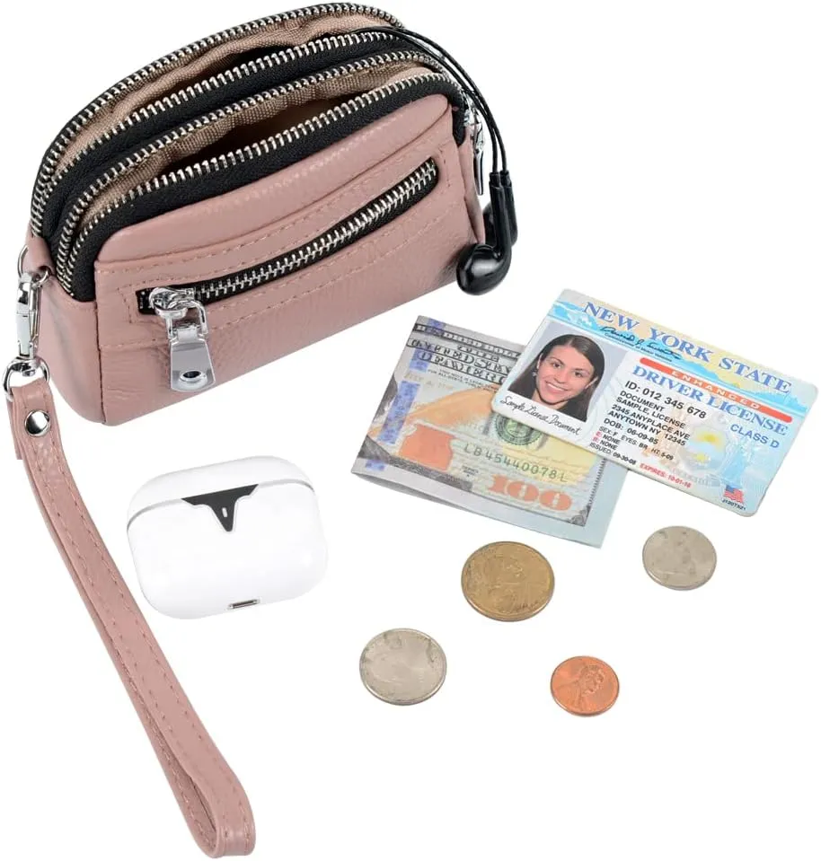Coin Purse for Women Genuine Leather Small Triple Zipper Coin Wallet Pouch with Removable Wristlet Strap