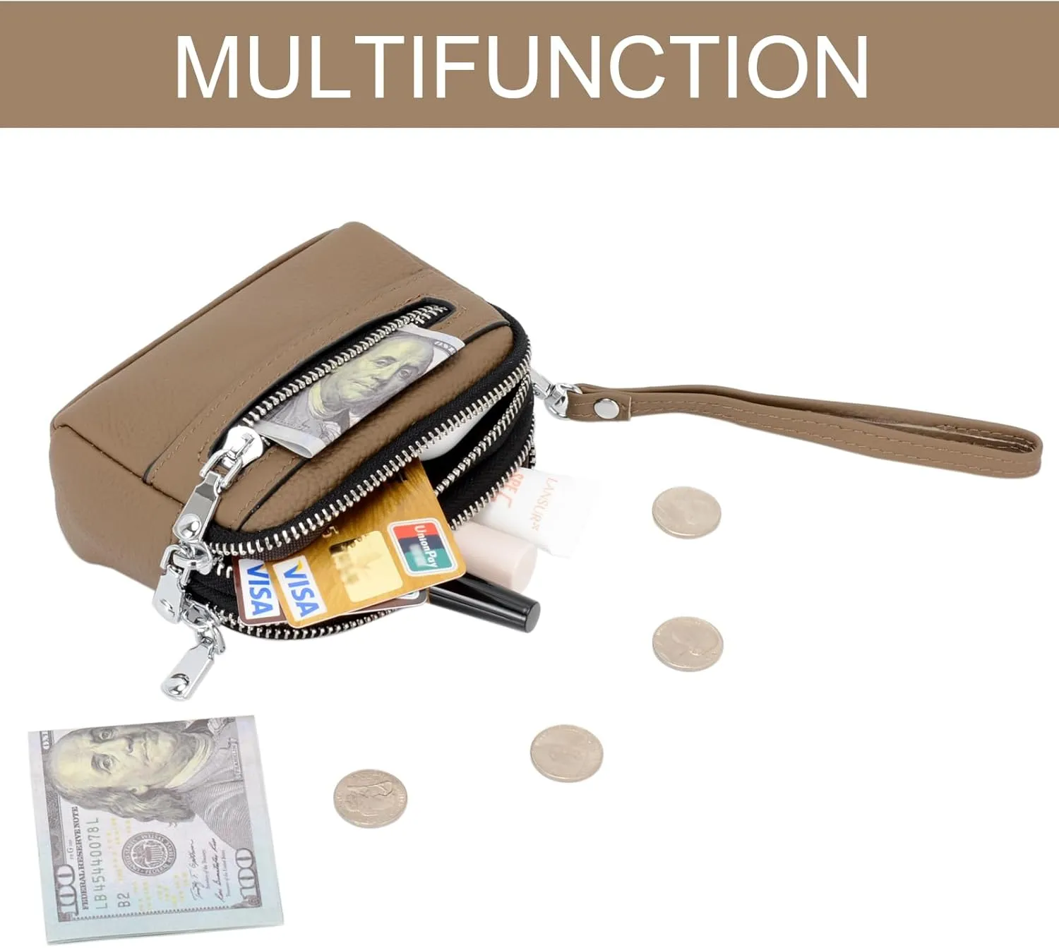Coin Purse for Women Genuine Leather Small Triple Zipper Coin Wallet Pouch with Removable Wristlet Strap