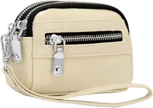 Coin Purse for Women Genuine Leather Small Triple Zipper Coin Wallet Pouch with Removable Wristlet Strap