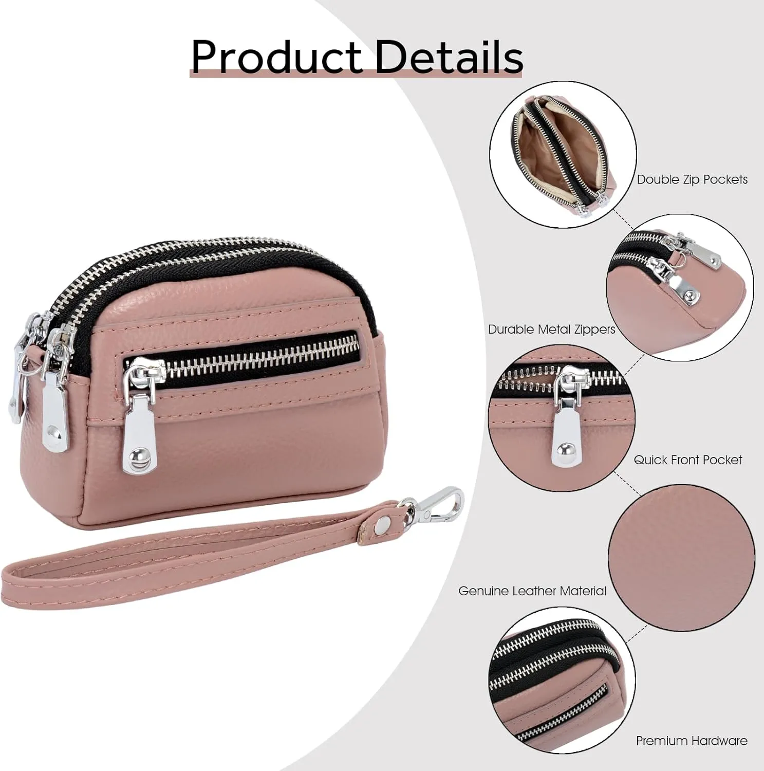 Coin Purse for Women Genuine Leather Small Triple Zipper Coin Wallet Pouch with Removable Wristlet Strap