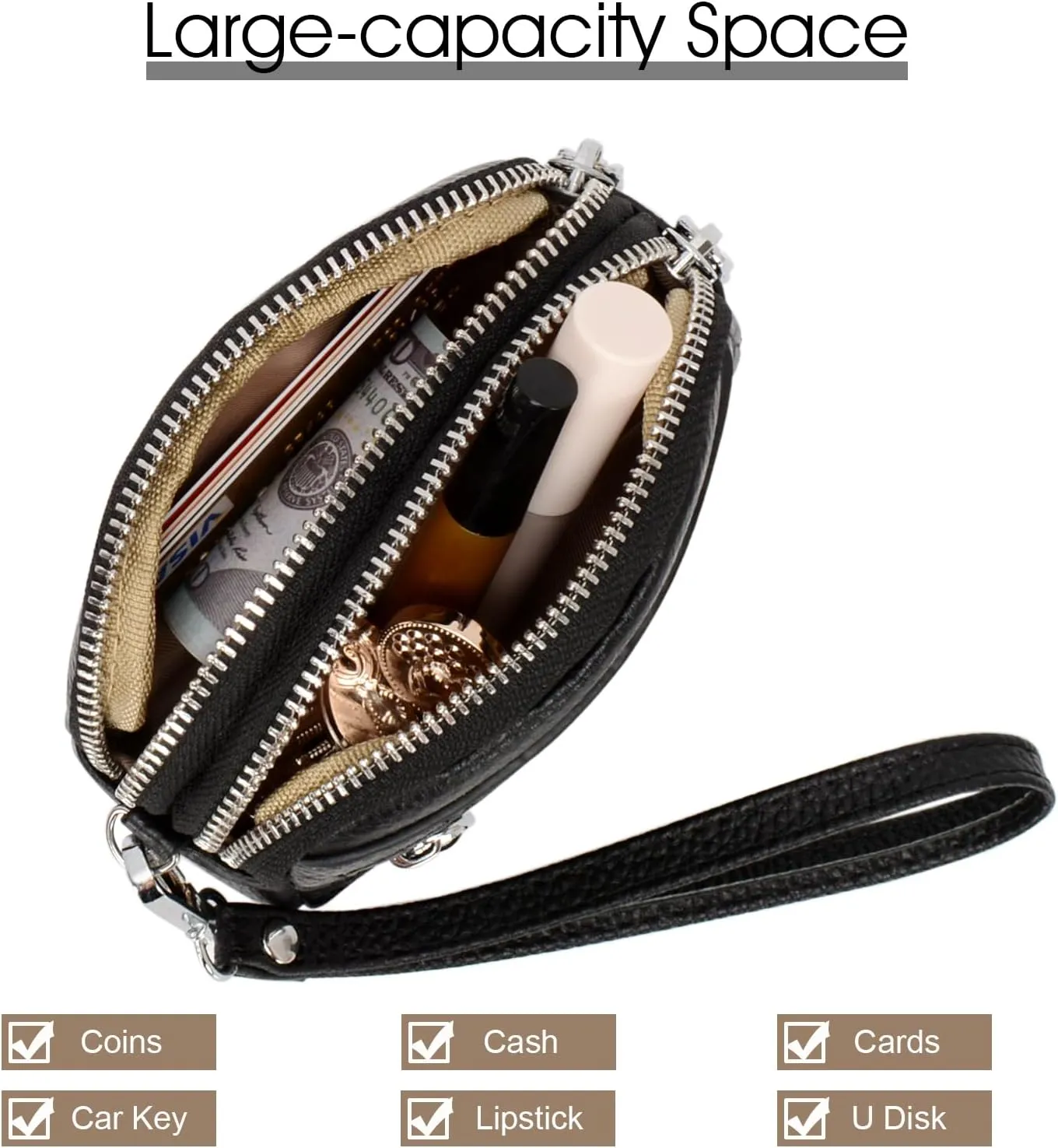Coin Purse for Women Genuine Leather Small Triple Zipper Coin Wallet Pouch with Removable Wristlet Strap
