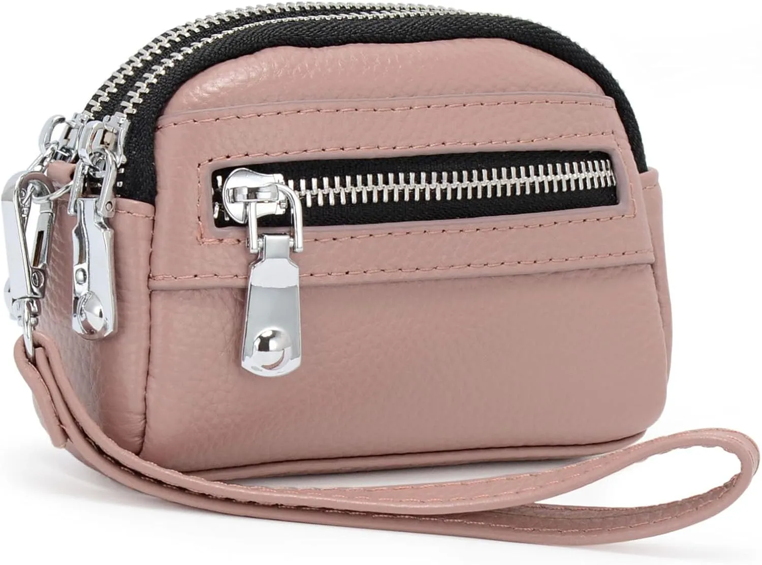 Coin Purse for Women Genuine Leather Small Triple Zipper Coin Wallet Pouch with Removable Wristlet Strap