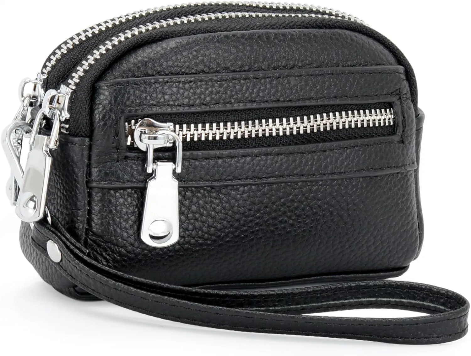 Coin Purse for Women Genuine Leather Small Triple Zipper Coin Wallet Pouch with Removable Wristlet Strap