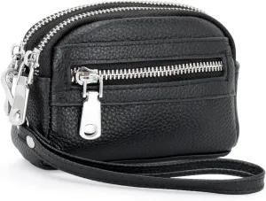 Coin Purse for Women Genuine Leather Small Triple Zipper Coin Wallet Pouch with Removable Wristlet Strap
