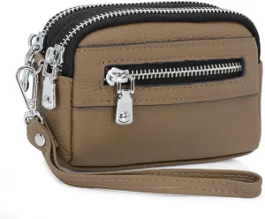 Coin Purse for Women Genuine Leather Small Triple Zipper Coin Wallet Pouch with Removable Wristlet Strap