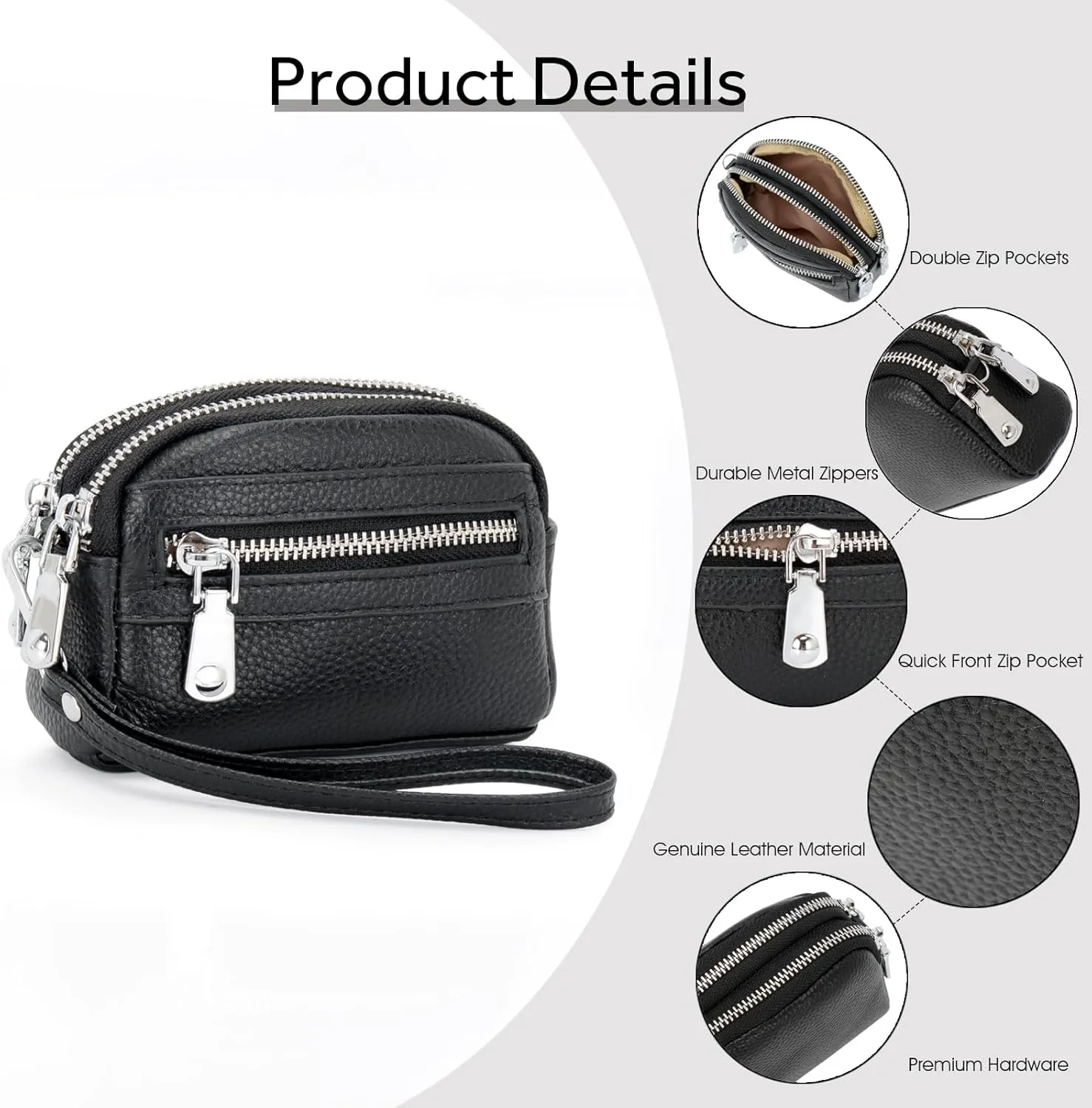 Coin Purse for Women Genuine Leather Small Triple Zipper Coin Wallet Pouch with Removable Wristlet Strap