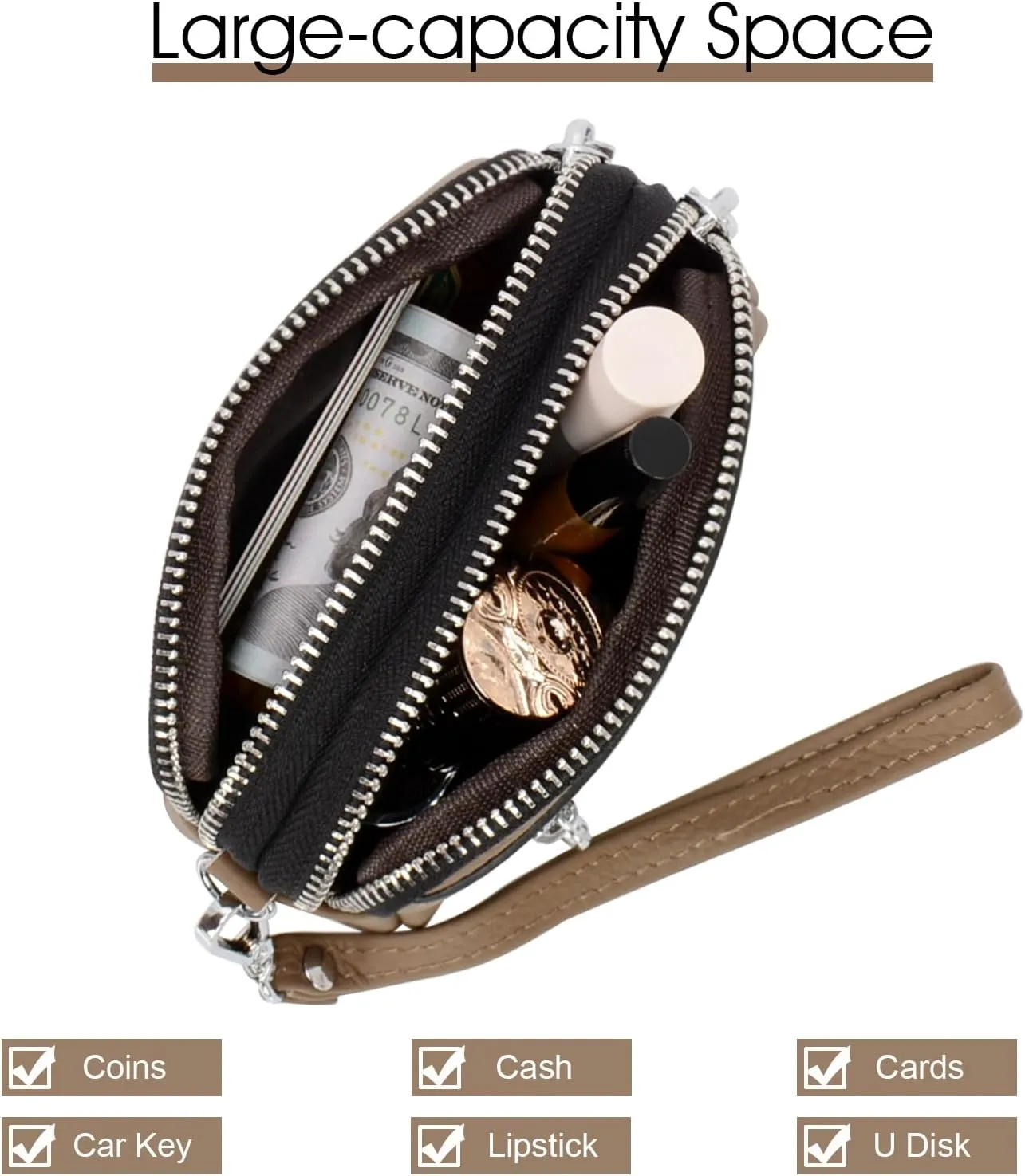 Coin Purse for Women Genuine Leather Small Triple Zipper Coin Wallet Pouch with Removable Wristlet Strap