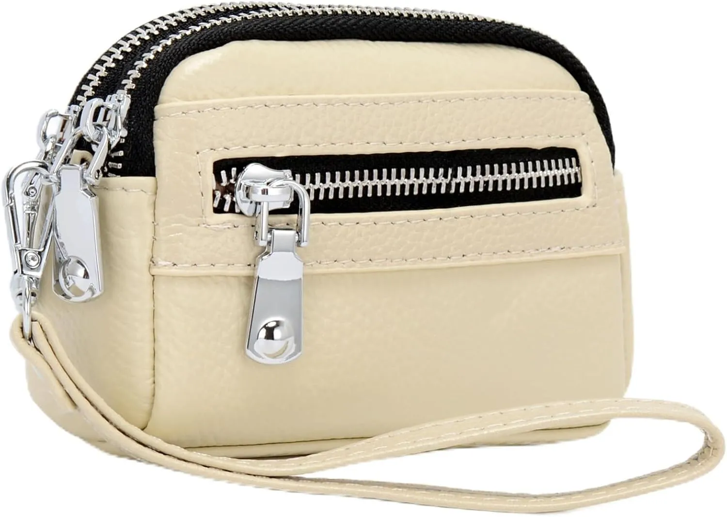 Coin Purse for Women Genuine Leather Small Triple Zipper Coin Wallet Pouch with Removable Wristlet Strap