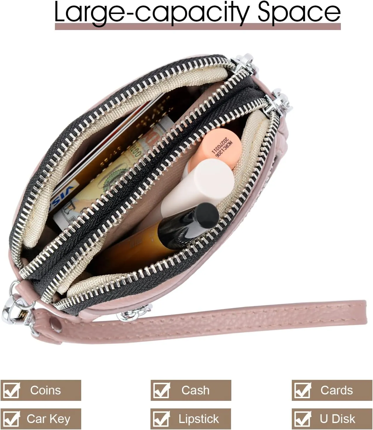 Coin Purse for Women Genuine Leather Small Triple Zipper Coin Wallet Pouch with Removable Wristlet Strap