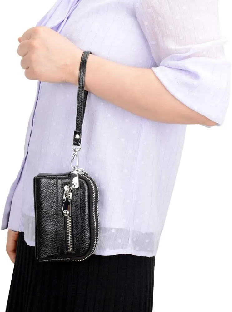 Coin Purse for Women Genuine Leather Small Triple Zipper Coin Wallet Pouch with Removable Wristlet Strap