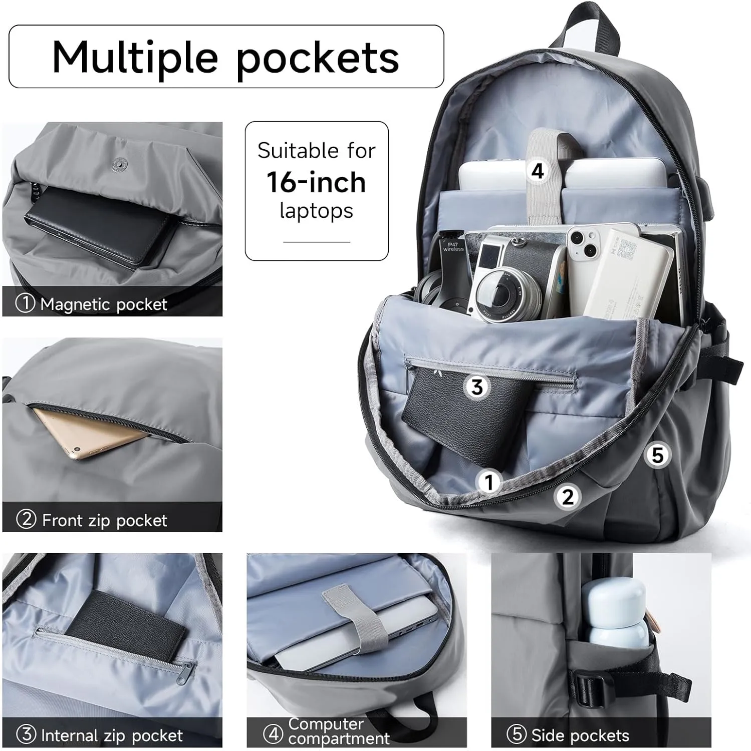 Commute Backpack for Men with 16 Inch Laptop Compartment, Flight Approved Backpack Waterproof Lightweight Daypack for College Work Travel (Medium, Gray)