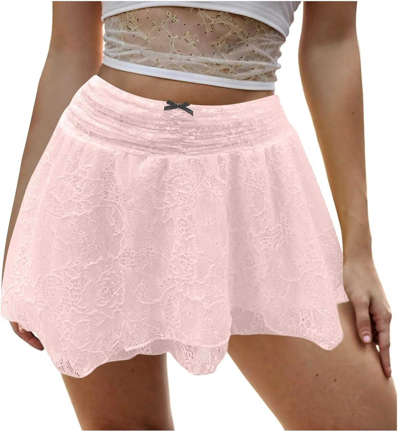 cooki Lace Mini Skirt for Women Y2k, Women's Cute Flowy Pleated Mini Skirt Sexy Lace High Waisted Ruffle Short Skirts