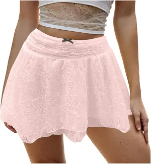 cooki Lace Mini Skirt for Women Y2k, Women's Cute Flowy Pleated Mini Skirt Sexy Lace High Waisted Ruffle Short Skirts