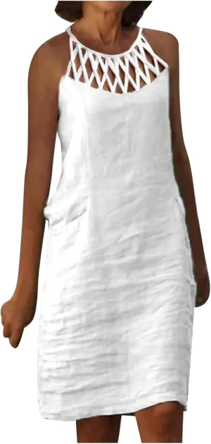 Cotton Linen Dresses for Womens 2024 Trendy Summer Casual Loose Short Sleeve Midi Dress Elegant Lace Beach Sundress