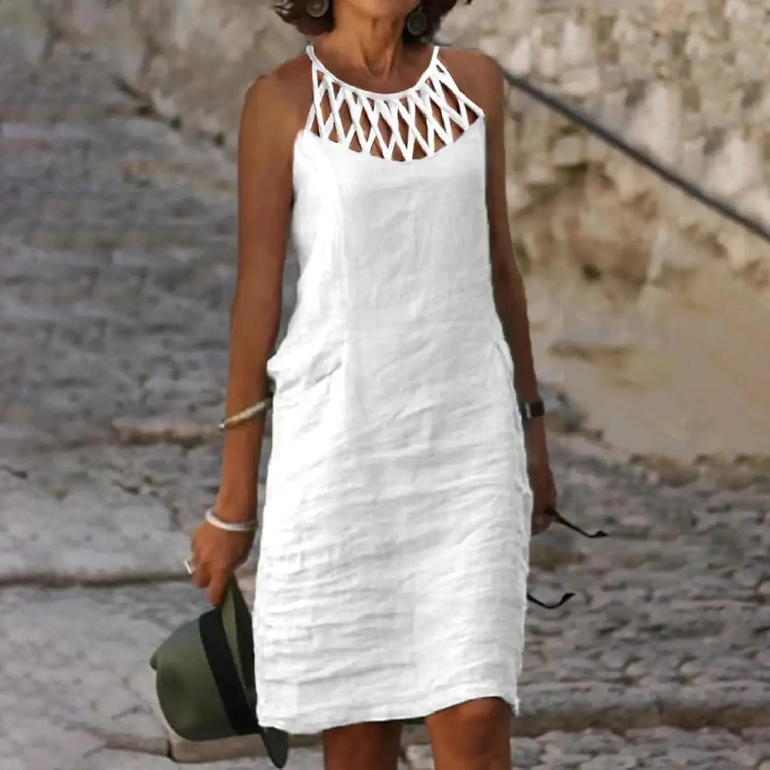 Cotton Linen Dresses for Womens 2024 Trendy Summer Casual Loose Short Sleeve Midi Dress Elegant Lace Beach Sundress