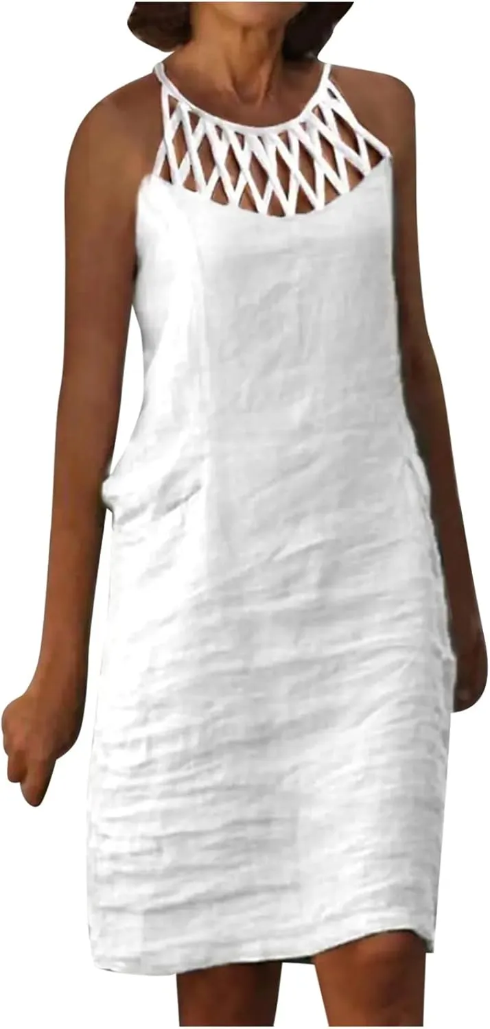 Cotton Linen Dresses for Womens 2024 Trendy Summer Casual Loose Short Sleeve Midi Dress Elegant Lace Beach Sundress