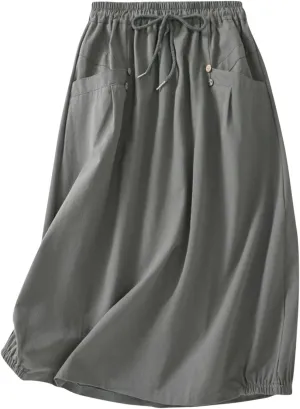 Cotton Linen Skirts for Women Casual Teacher Work A Line Flowy Skirt Drawstring High Waist Midi Skirt with Pockets