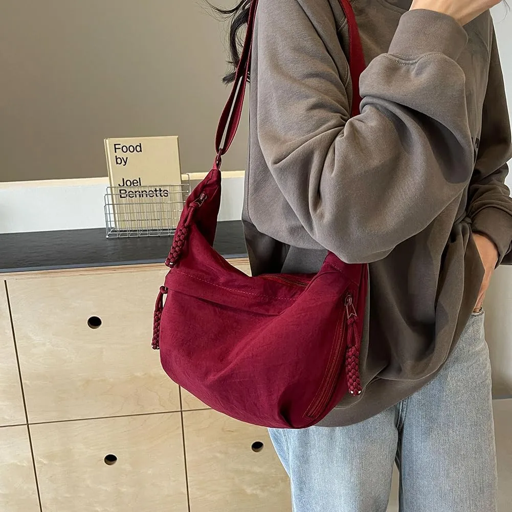 Crescent Crossbody Bags for Women Hobo Bag Luna Bag Dumpling Bag Nylon Multi-Pocket Sling Bag Moon Shoulder Bag (Red)