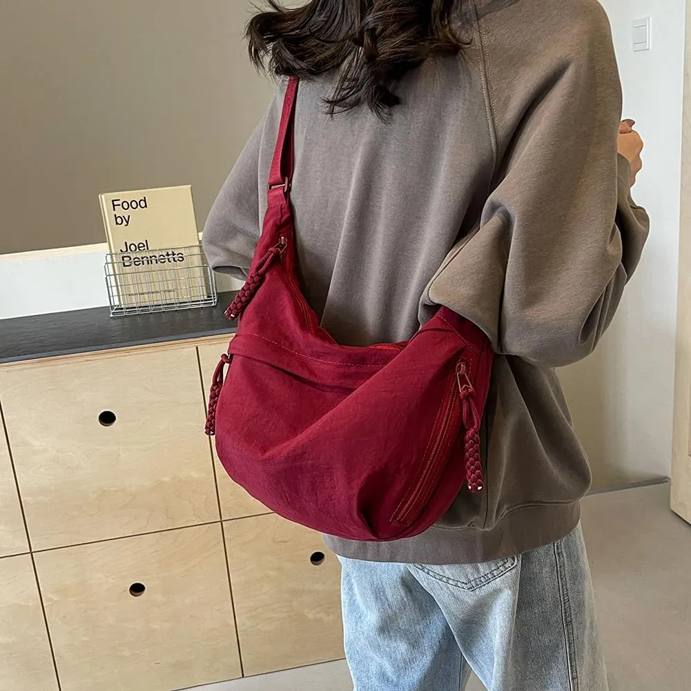 Crescent Crossbody Bags for Women Hobo Bag Luna Bag Dumpling Bag Nylon Multi-Pocket Sling Bag Moon Shoulder Bag (Red)