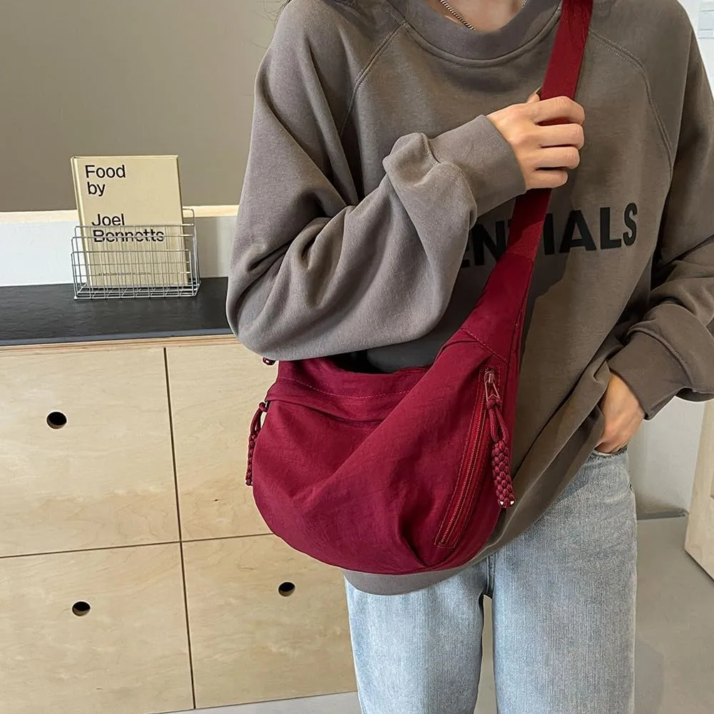 Crescent Crossbody Bags for Women Hobo Bag Luna Bag Dumpling Bag Nylon Multi-Pocket Sling Bag Moon Shoulder Bag (Red)