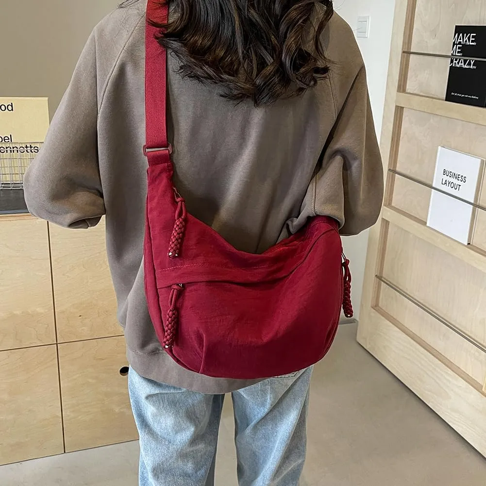 Crescent Crossbody Bags for Women Hobo Bag Luna Bag Dumpling Bag Nylon Multi-Pocket Sling Bag Moon Shoulder Bag (Red)