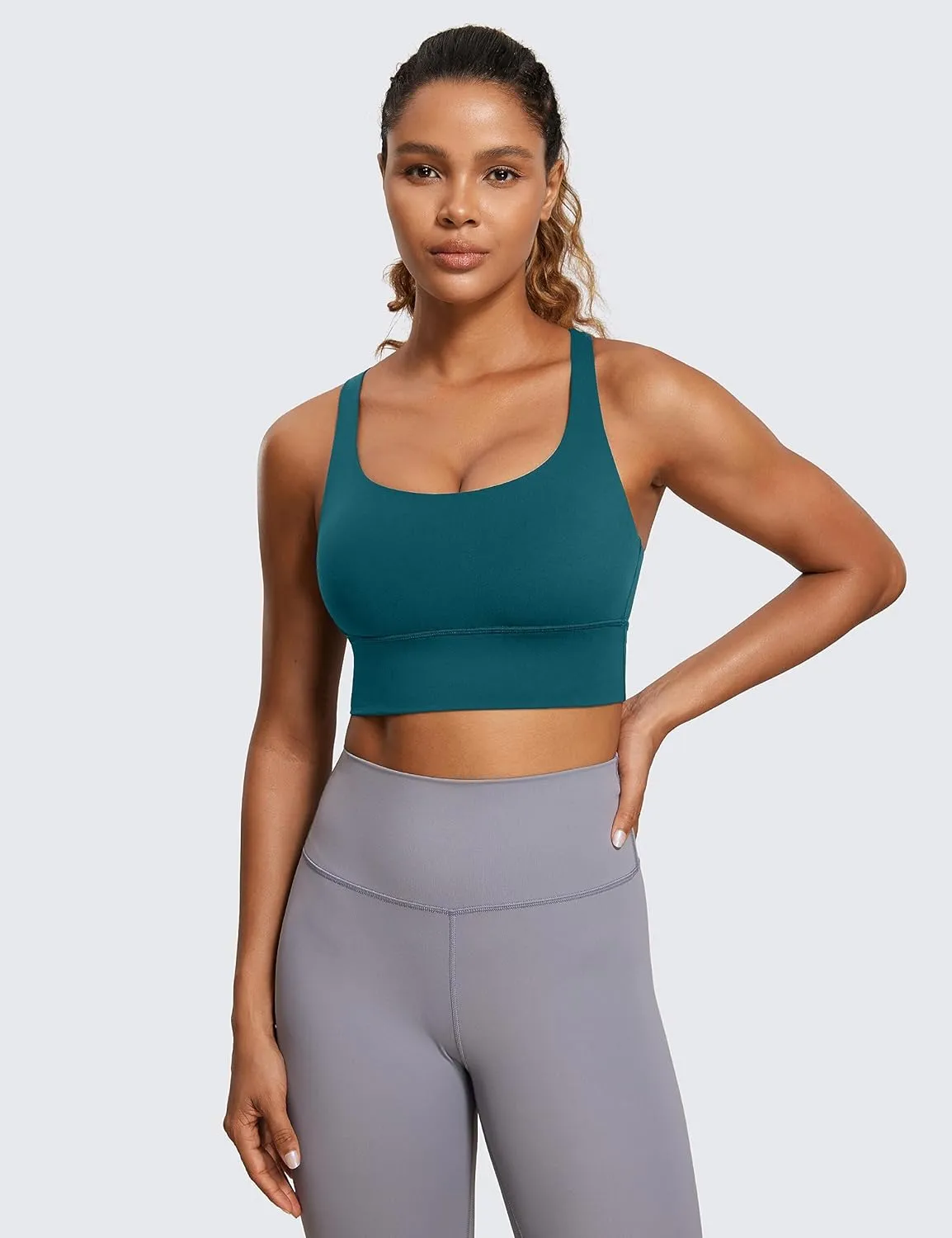 CRZ YOGA Womens Strappy Longline Sports Bra - Medium Impact Criss Cross Yoga Padded Workout Crop Top