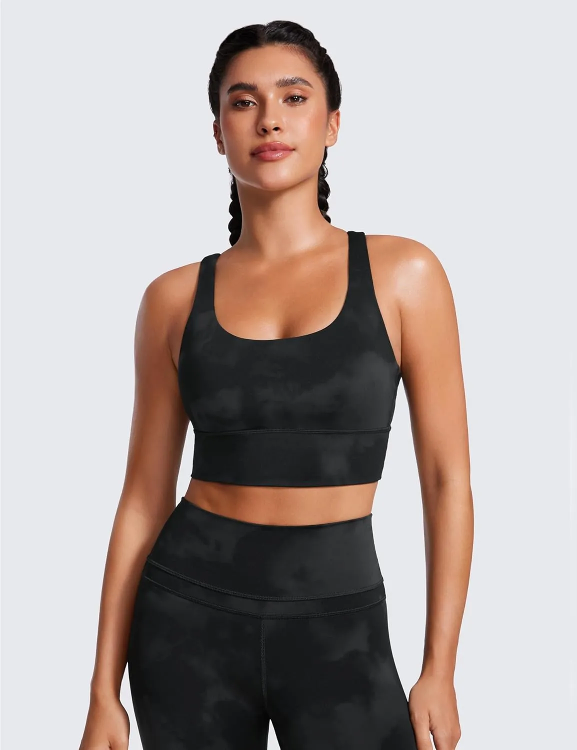 CRZ YOGA Womens Strappy Longline Sports Bra - Medium Impact Criss Cross Yoga Padded Workout Crop Top