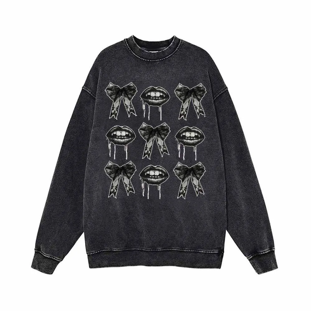 Dark Bow Lips Vintage Washed Hoodie Sweatshirt