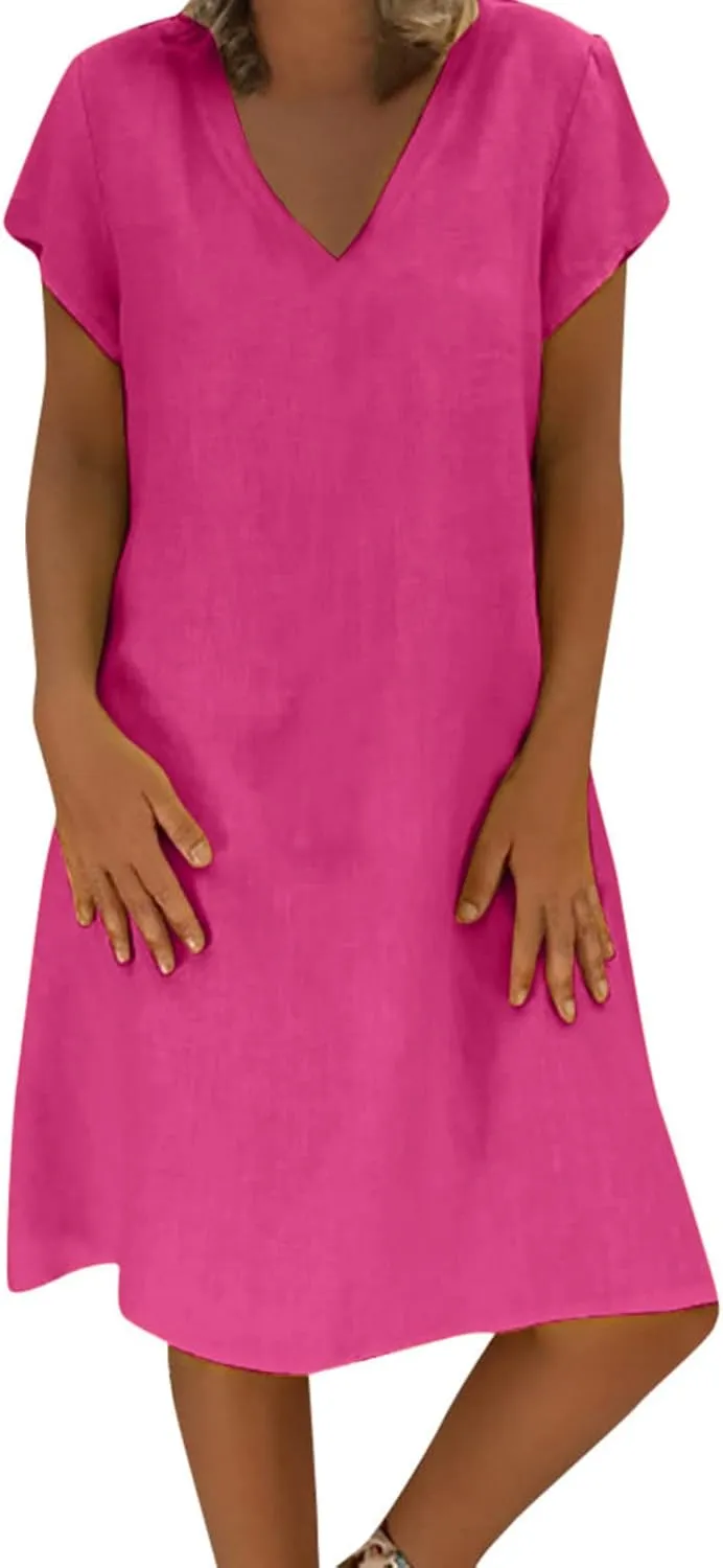 DASAYO Short Sleeve Tshirt Dresses for Women V Neck Solid Color Linen Dress Loose Fit Knee Length Summer Dress Fashion 2025