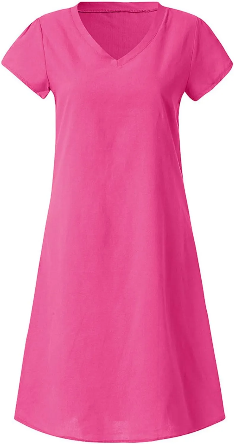 DASAYO Short Sleeve Tshirt Dresses for Women V Neck Solid Color Linen Dress Loose Fit Knee Length Summer Dress Fashion 2025