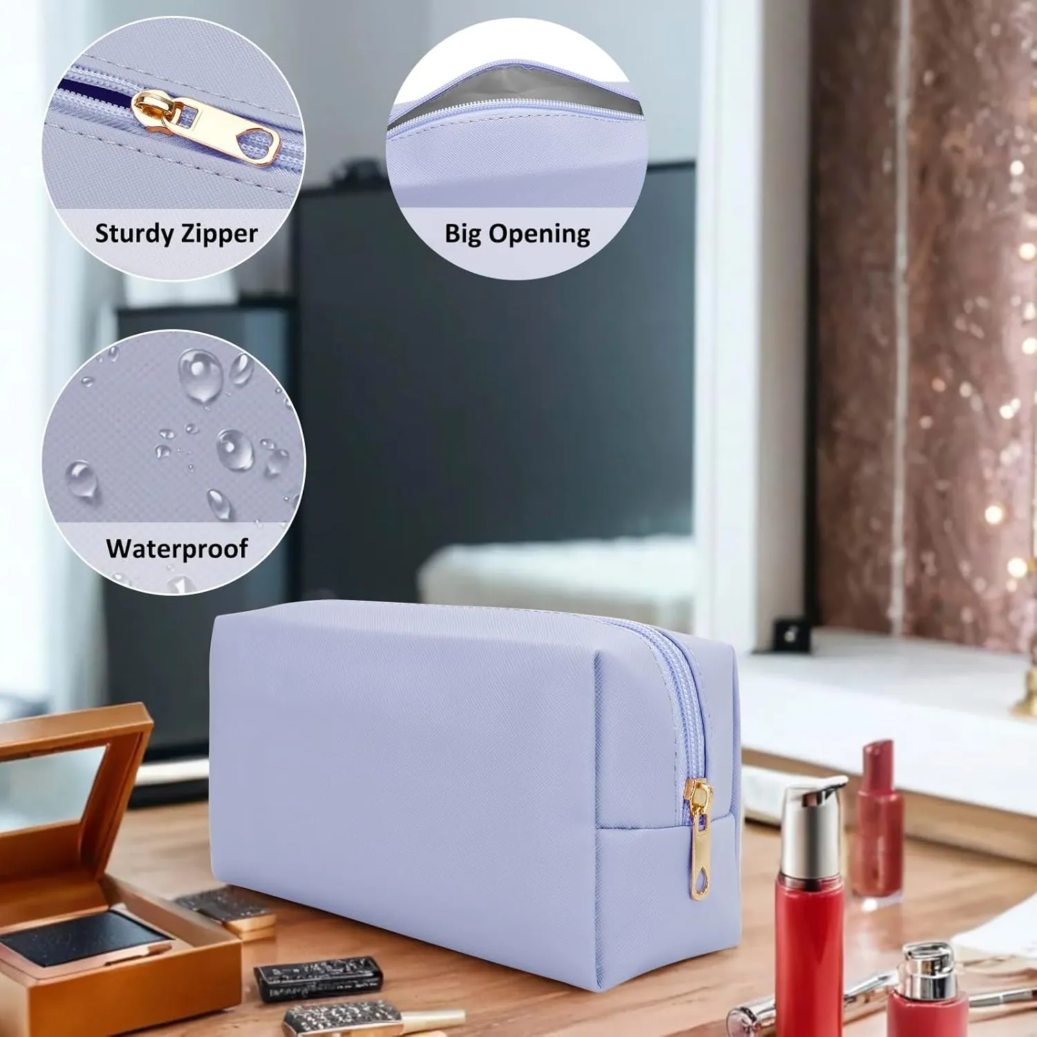 DOB SECHS PU Leather Cosmetic Bag Portable Toiletry Bag for Daily Use Cosmetic Organizer Water-resistant Make up Organizer Light Weight Travel Makeup Bag Cosmetic Pouch (Light Blue, S)