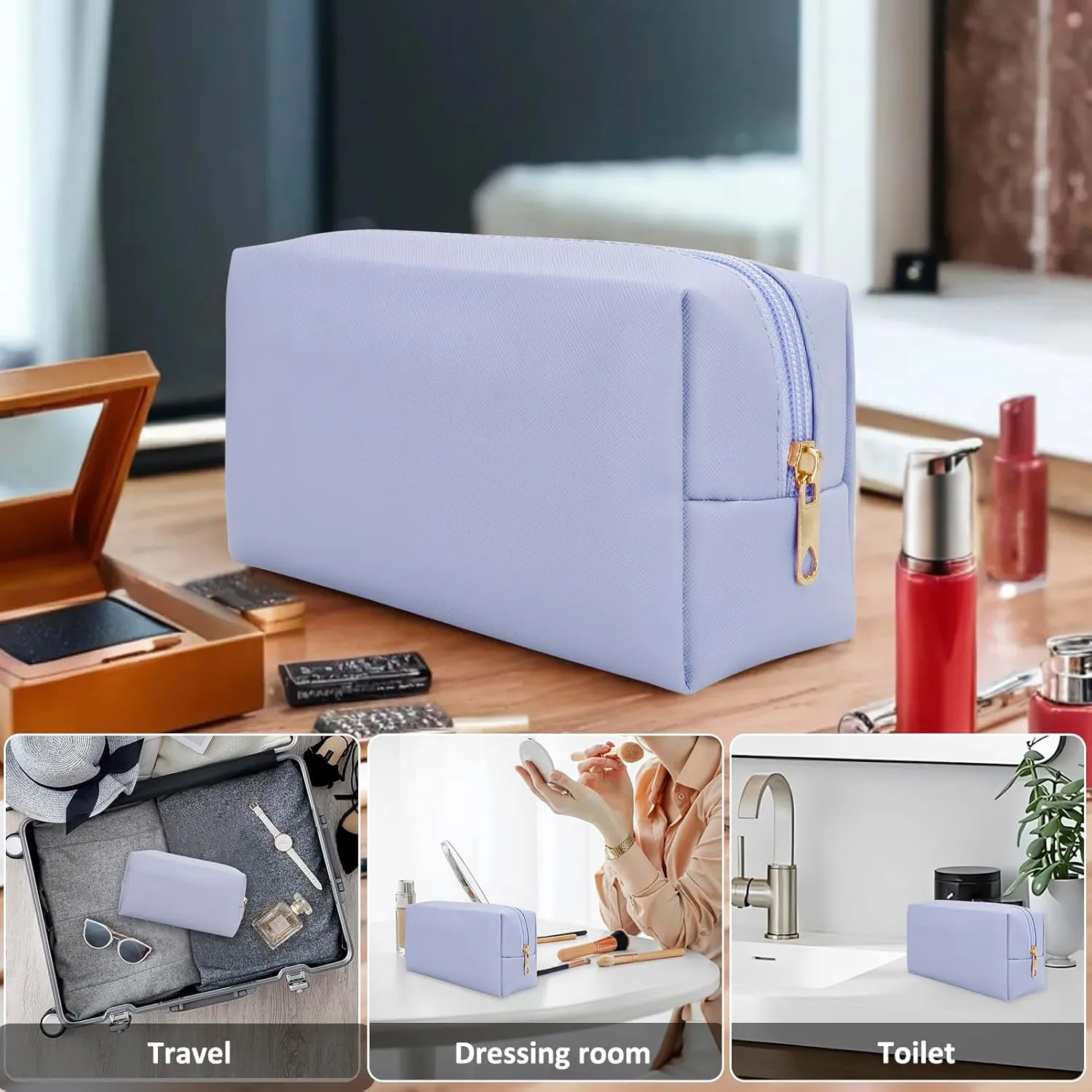 DOB SECHS PU Leather Cosmetic Bag Portable Toiletry Bag for Daily Use Cosmetic Organizer Water-resistant Make up Organizer Light Weight Travel Makeup Bag Cosmetic Pouch (Light Blue, S)