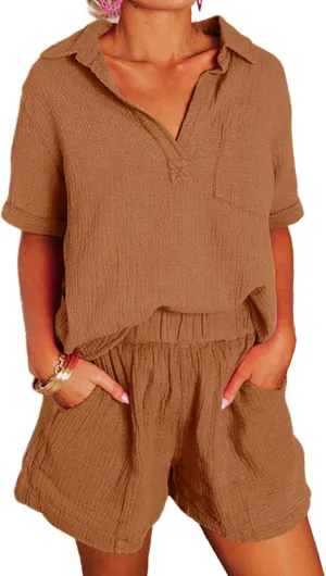 Dokotoo Women's Two Piece Outfits V Neck Short Sleeve Shirts and High Waist Shorts Lounge Sets