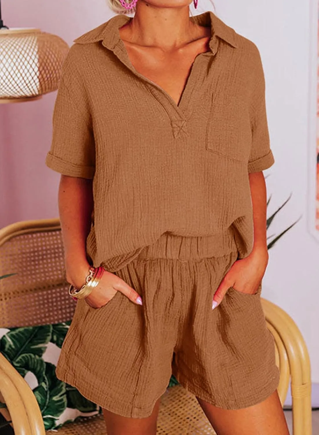 Dokotoo Women's Two Piece Outfits V Neck Short Sleeve Shirts and High Waist Shorts Lounge Sets
