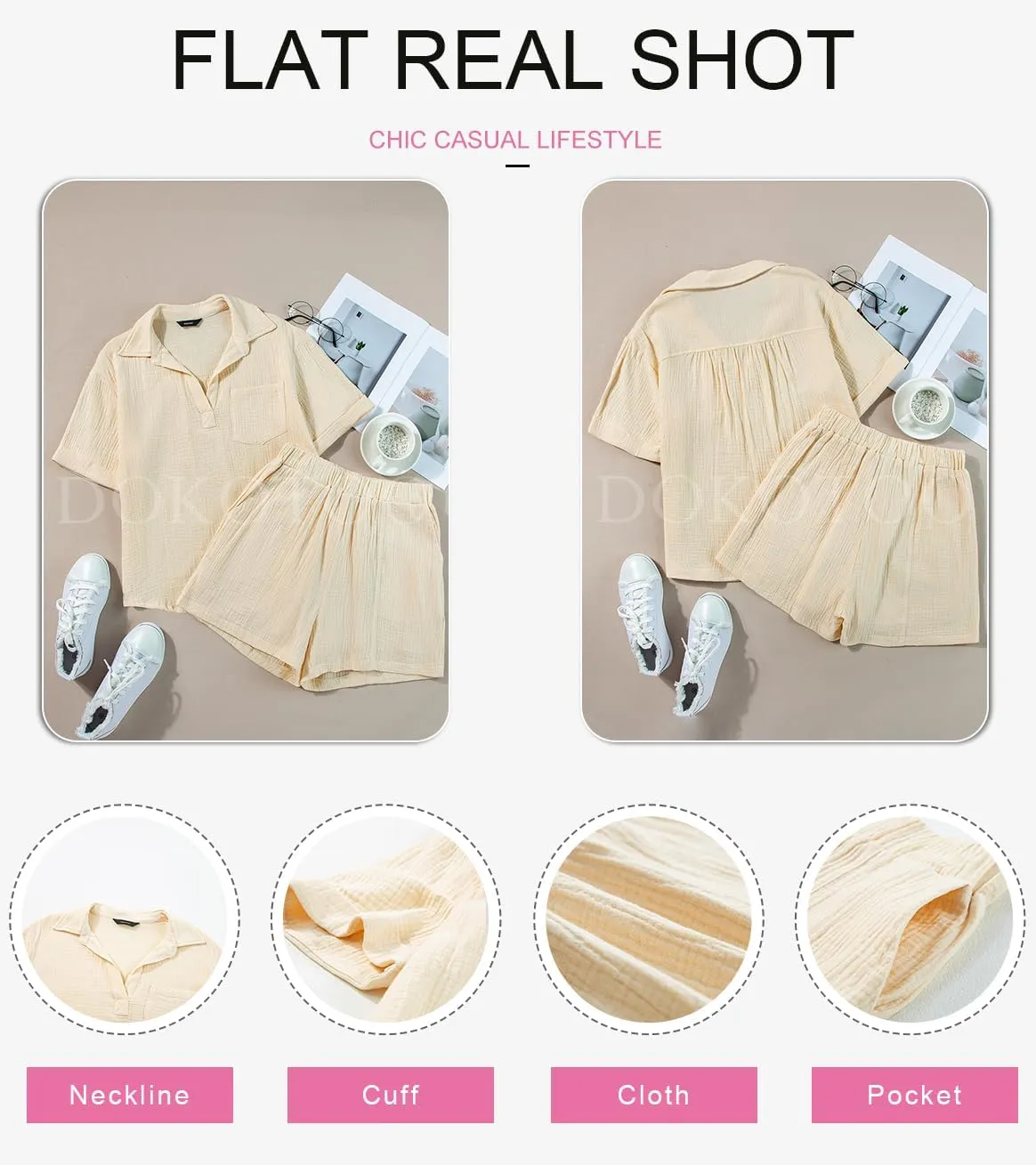 Dokotoo Women's Two Piece Outfits V Neck Short Sleeve Shirts and High Waist Shorts Lounge Sets