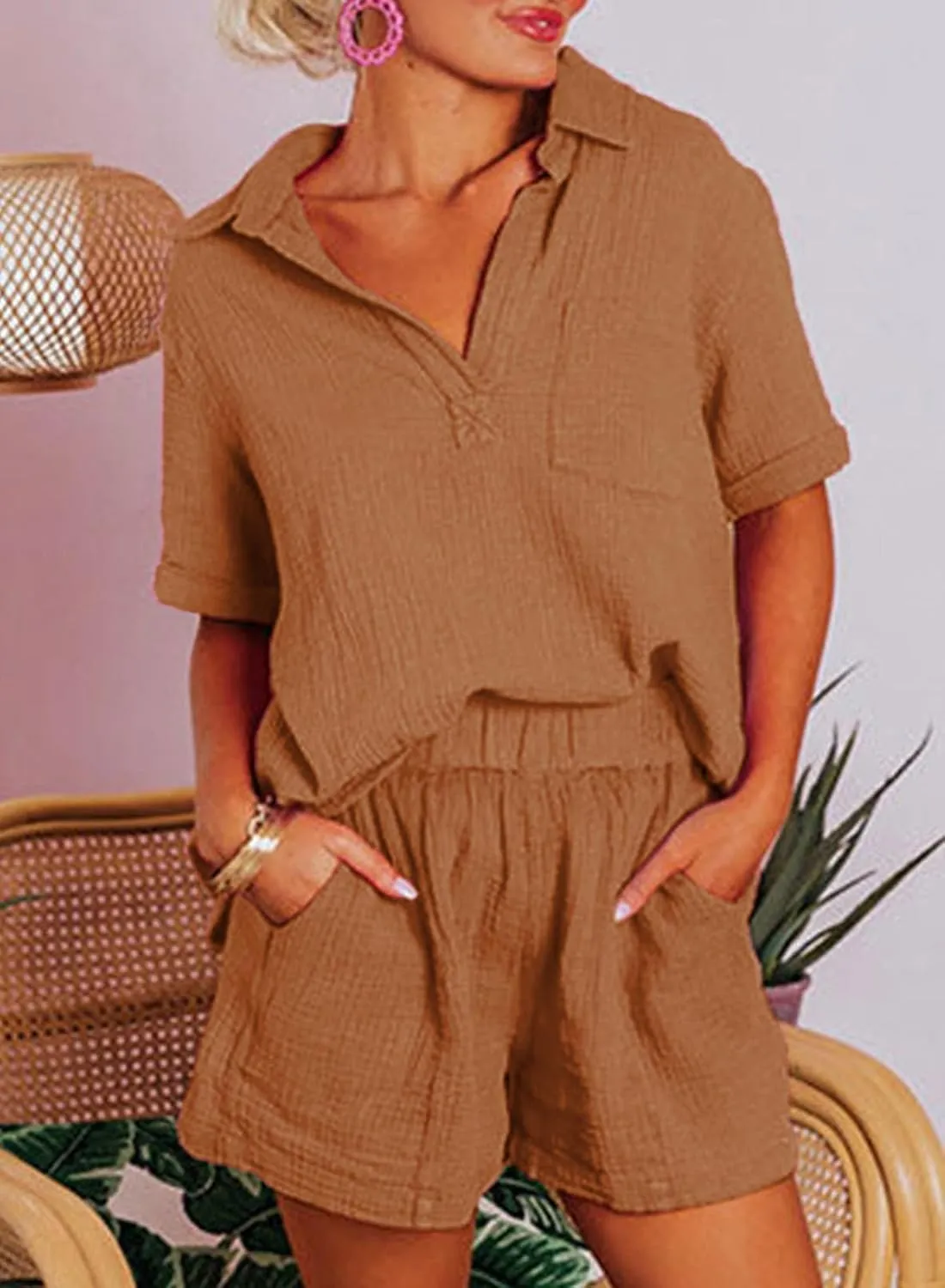 Dokotoo Women's Two Piece Outfits V Neck Short Sleeve Shirts and High Waist Shorts Lounge Sets