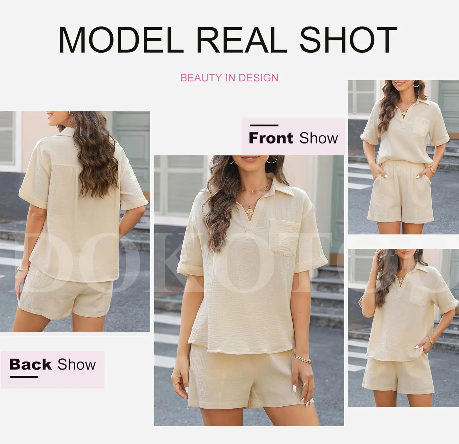 Dokotoo Women's Two Piece Outfits V Neck Short Sleeve Shirts and High Waist Shorts Lounge Sets