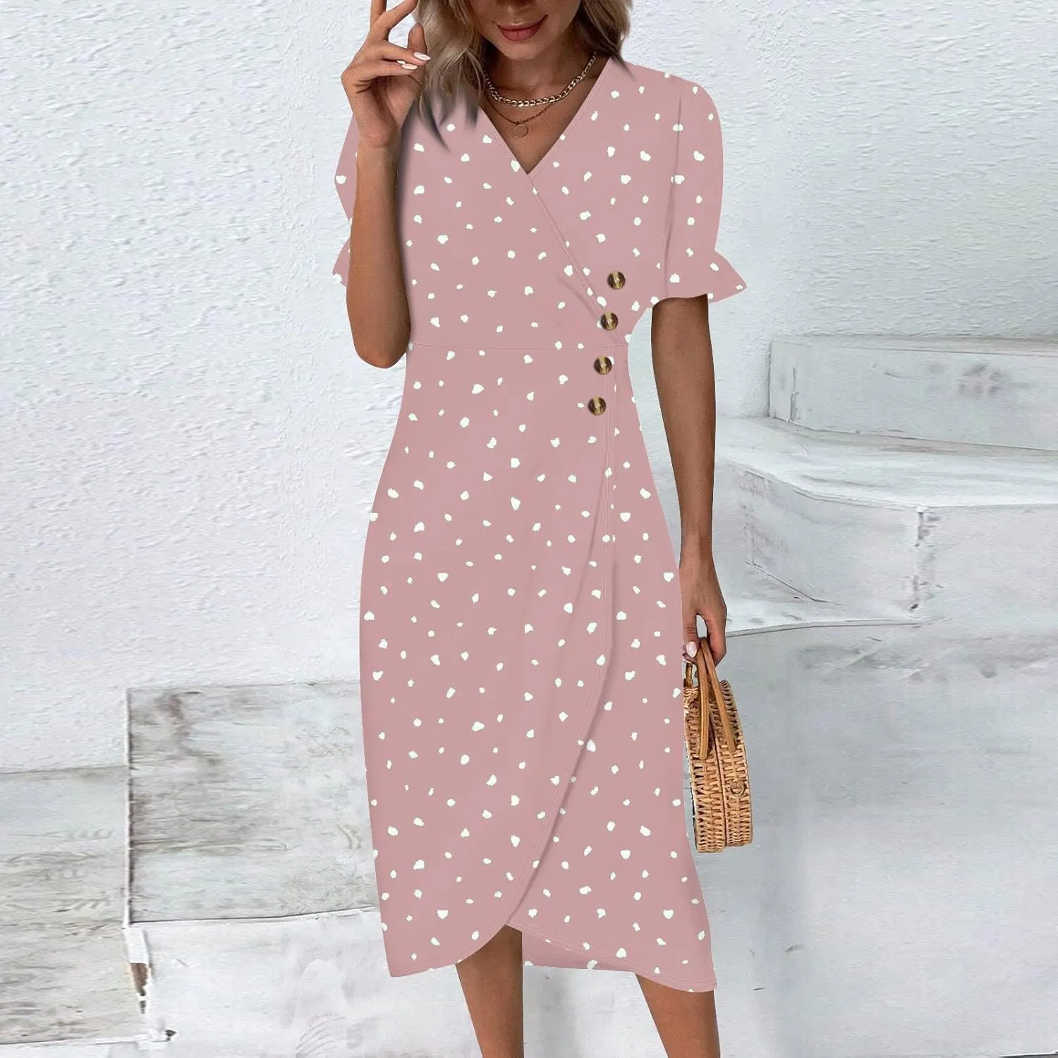 Dresses for Women 2024 Spring Summer Trendy Elegant V Neck Wrap Floral Dress Flowy Ruched Irregular Hem Midi Dresses