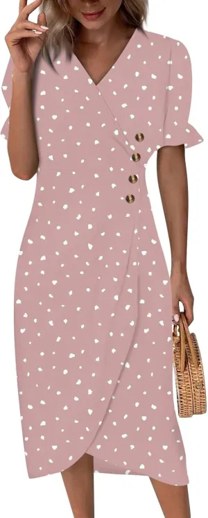 Dresses for Women 2024 Spring Summer Trendy Elegant V Neck Wrap Floral Dress Flowy Ruched Irregular Hem Midi Dresses