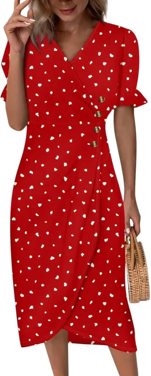 Dresses for Women 2024 Spring Summer Trendy Elegant V Neck Wrap Floral Dress Flowy Ruched Irregular Hem Midi Dresses